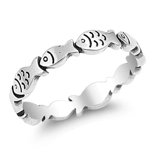 Little Fish Lined Ring - Rhodium Plated 925 Sterling Silver