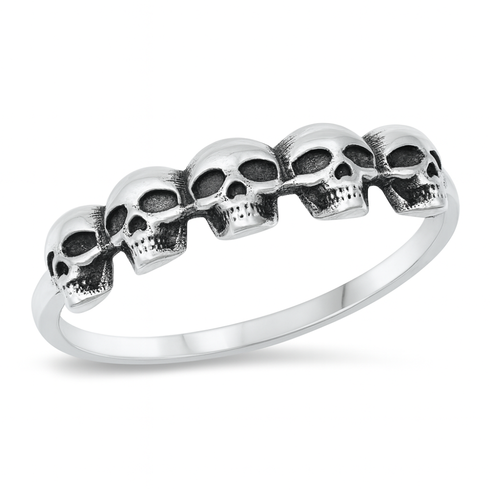 Skull Heads Lined Ring - Oxidized 925 Sterling Silver