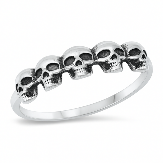 Skull Heads Lined Ring - Oxidized 925 Sterling Silver