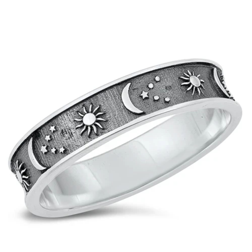 Sun Moon and Stars Band Ring - Oxidized 925 Sterling Silver