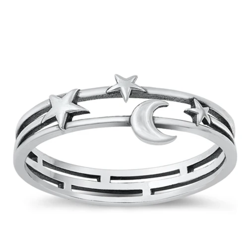Stars and Crescent Moon Open Ring - Oxidized 925 Sterling Silver