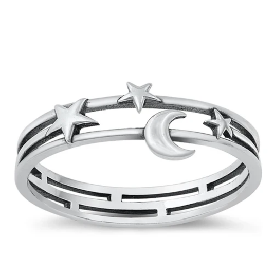 Stars and Crescent Moon Open Ring - Oxidized 925 Sterling Silver