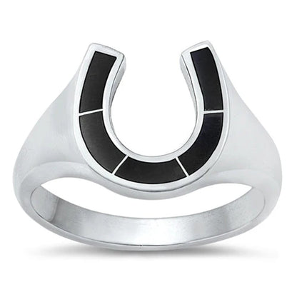 Black Agate Stone Horseshoe Ring - 925 Sterling Silver