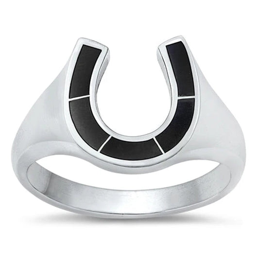 Black Agate Stone Horseshoe Ring - 925 Sterling Silver
