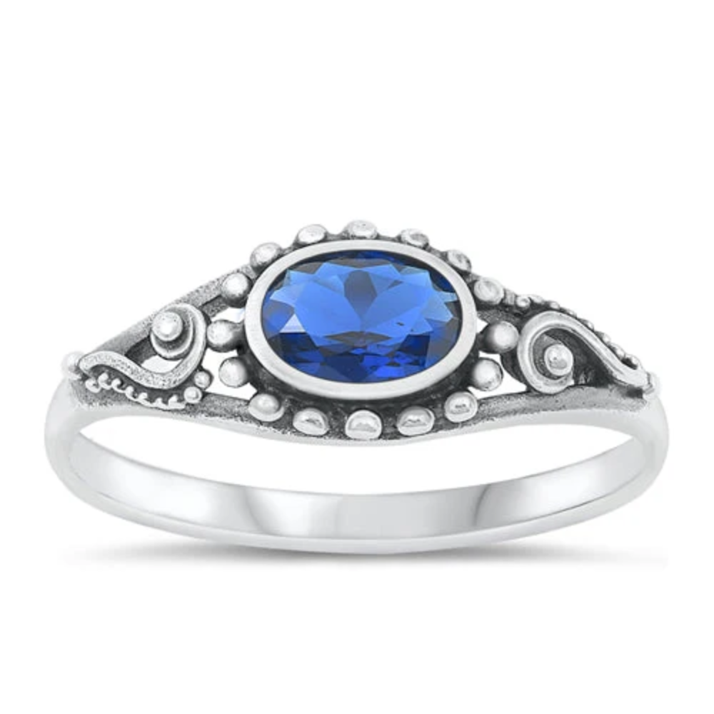 Oval CZ Crystal Blue Sapphire Ring - Oxidized 925 Sterling Silver