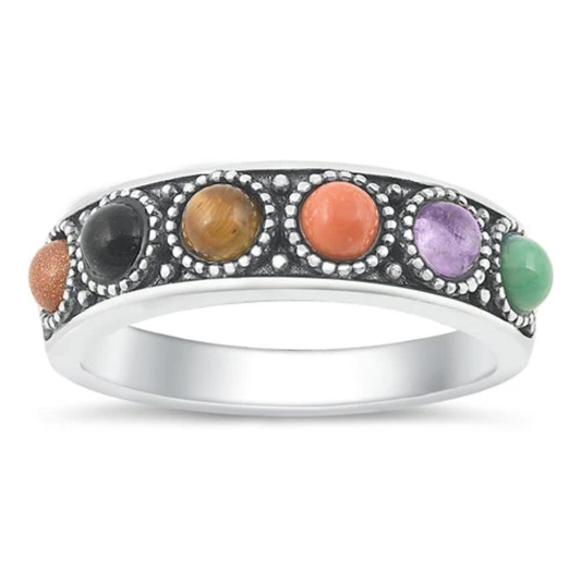 Multicolor Stone Lined Ring - Oxidized 925 Sterling Silver