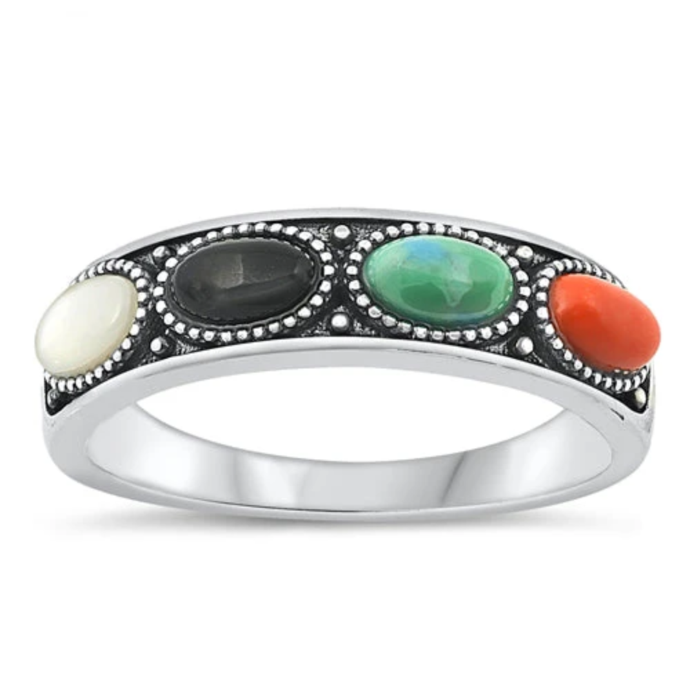 Multicolor Oval Shaped Stone Lined Ring - Oxidized 925 Sterling Silver
