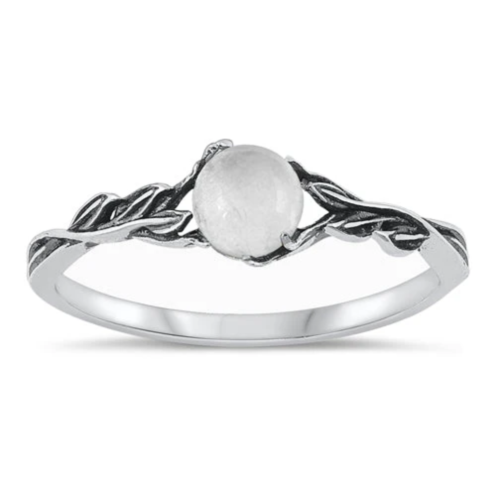 Leaf Design Round Moonstone Ring - Oxidized 925 Sterling Silver