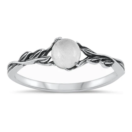 Leaf Design Round Moonstone Ring - Oxidized 925 Sterling Silver
