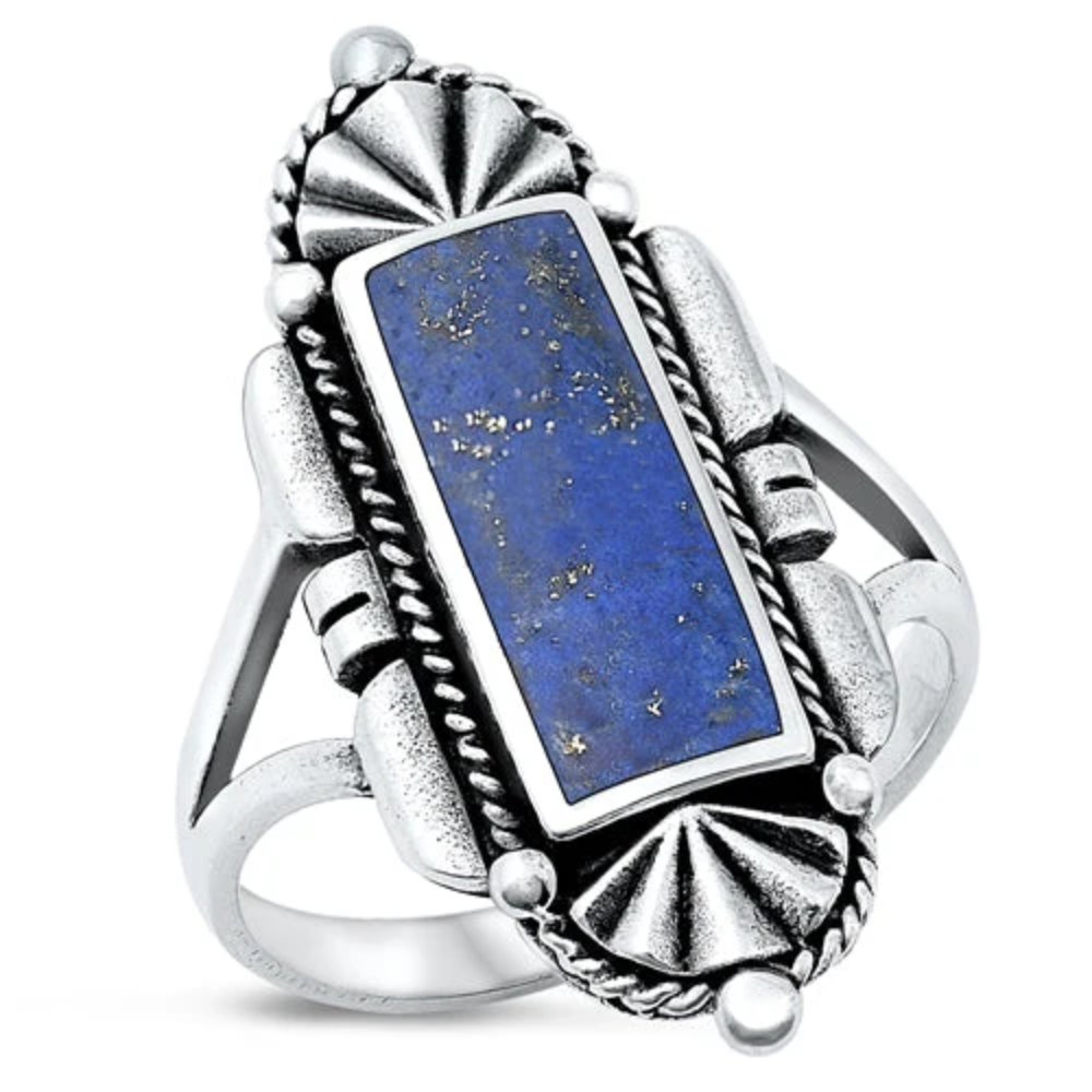 Rectangular Blue Lapis Stone Statement Ring - Oxidized 925 Sterling Silver