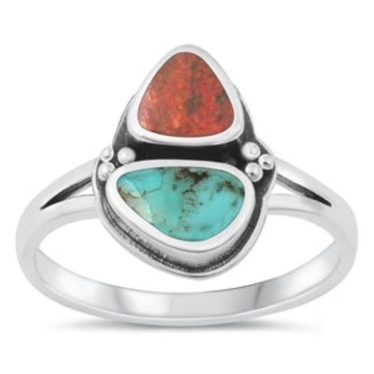 Red Coral and Turquoise Stone Ring - Oxidized 925 Sterling Silver