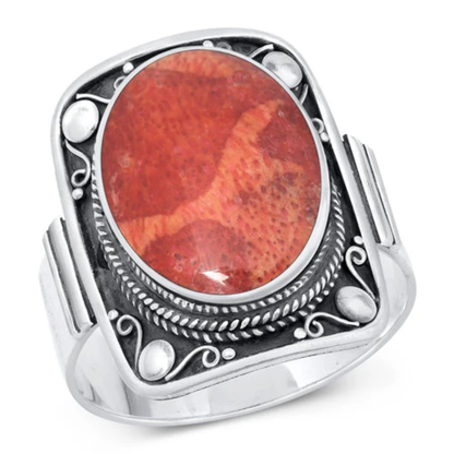 Oval Red Coral Statement Ring - Oxidized 925 Sterling Silver