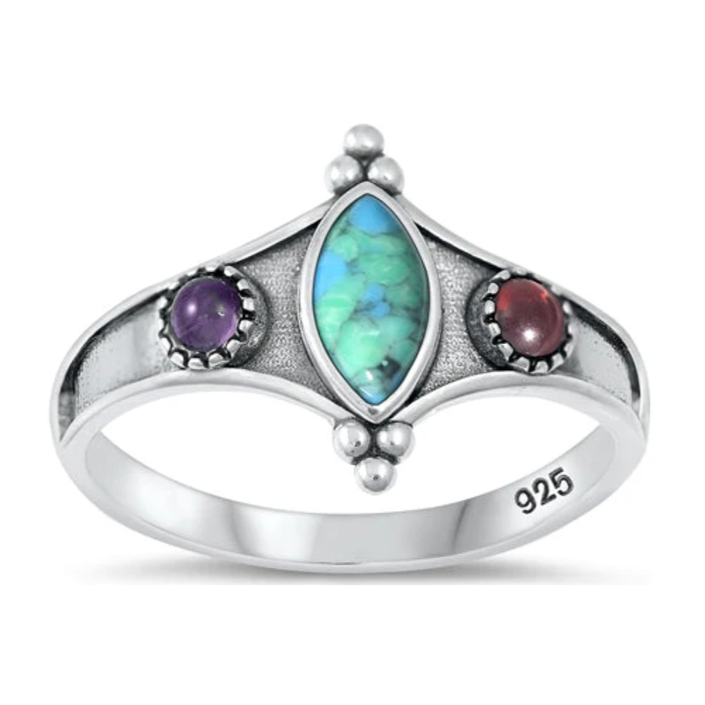 Multicolor Stone Trio with Turquoise Marquise Center Ring - Oxidized 925 Sterling Silver