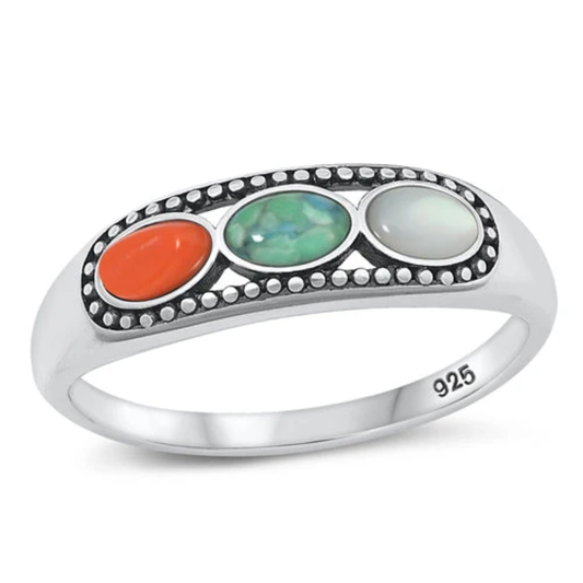 Multicolor Triple Oval Shaped Stone Ring - Oxidized 925 Sterling Silver