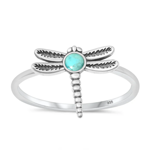 Genuine Turquoise Dragonfly Ring - Oxidized 925 Sterling Silver