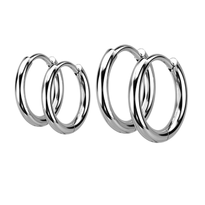 Set of 2 2mm Thick Hinged Round Hoop Earrings - 316L Stainless Steel