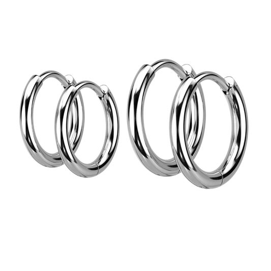 Set of 2 2mm Thick Hinged Round Hoop Earrings - 316L Stainless Steel