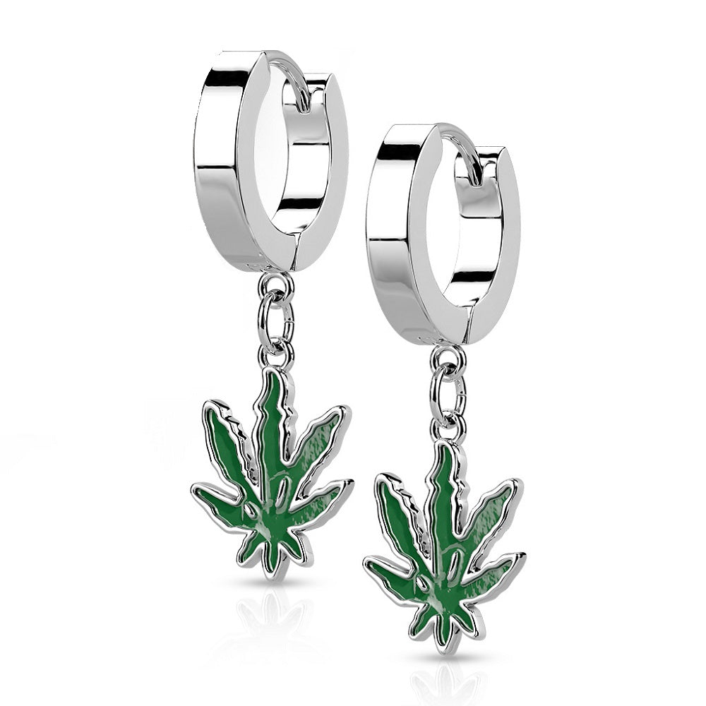 Pot Leaf Dangling Hoop Earrings - 316L Stainless Steel - Pair