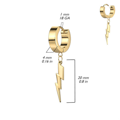 Lightning Bolt Dangling Huggie Hinged Hoop Earrings - 316L Stainless Steel - Pair