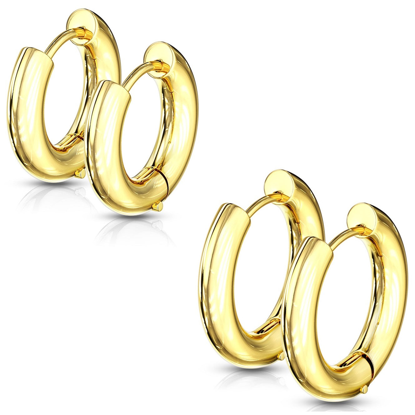 Set of 2 Pairs of 5mm Thick Round Hinged Hoop Earrings - 316L Stainless Steel