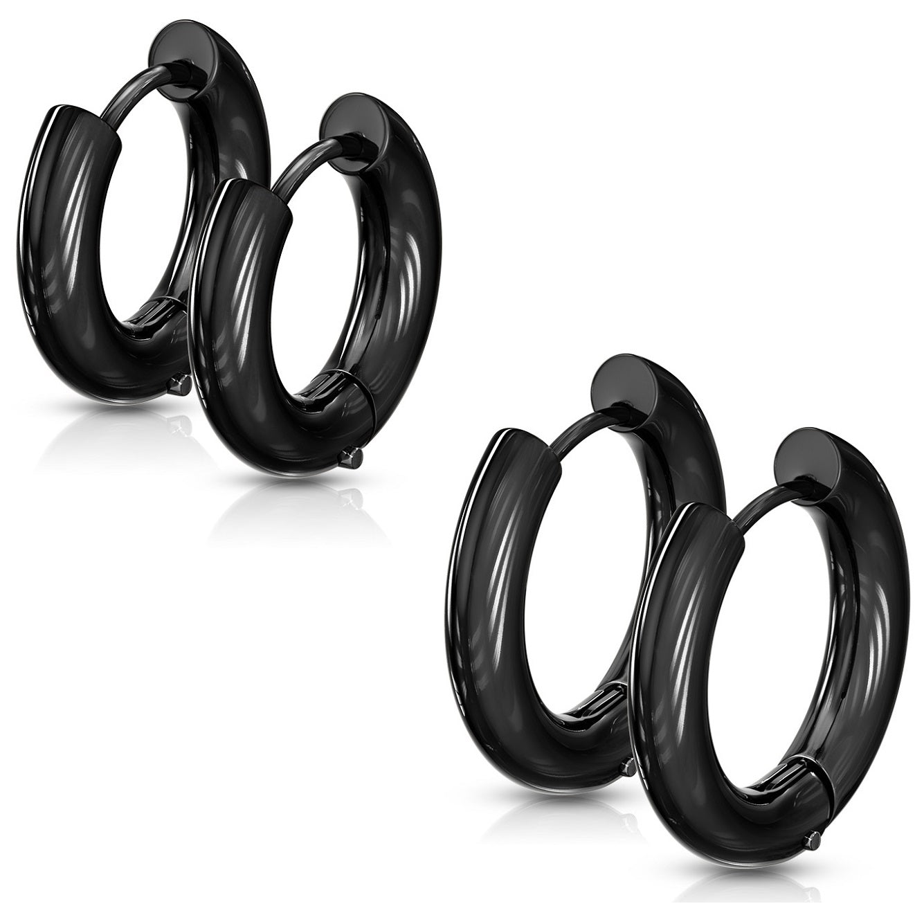 Set of 2 Pairs of 5mm Thick Round Hinged Hoop Earrings - 316L Stainless Steel