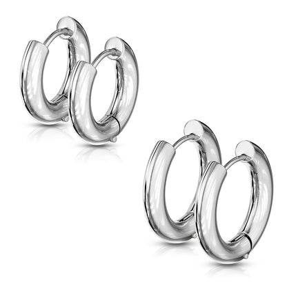 Set of 2 Pairs of 5mm Thick Round Hinged Hoop Earrings - 316L Stainless Steel