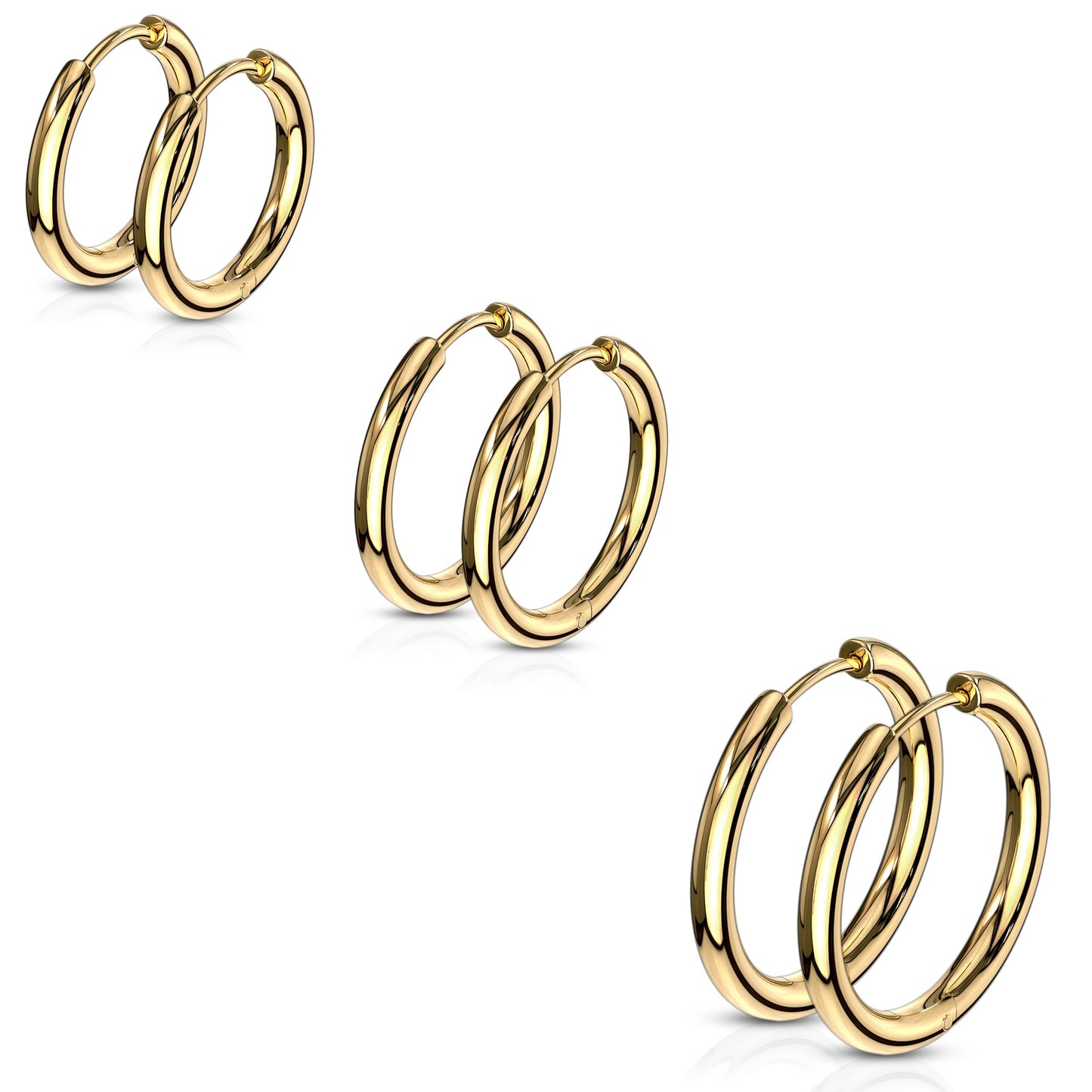 Set of 3 Pairs of 2.5mm Thick Round Hinged Hoop Earrings - 316L Stainless Steel