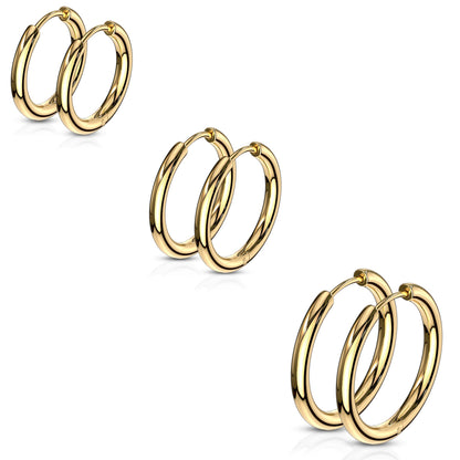 Set of 3 Pairs of 2.5mm Thick Round Hinged Hoop Earrings - 316L Stainless Steel