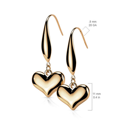 Heart Dangling Hook Earrings - 316L Stainless Steel
