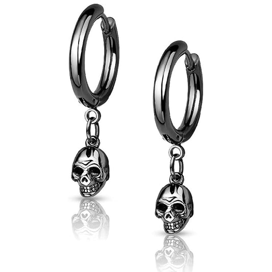 Black Skull Dangling Hoop Earrings - 316L Stainless Steel