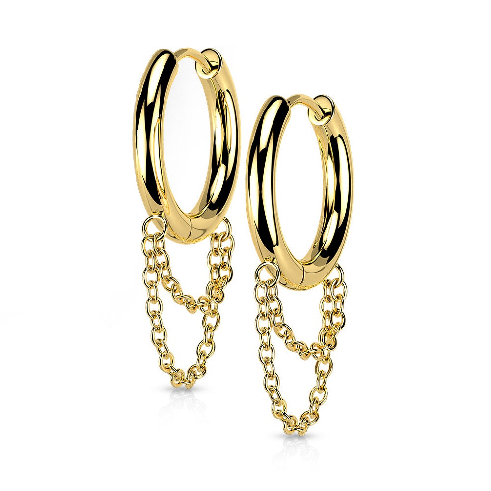 Dangling Double Chains Hinged Hoop Earrings - 316L Stainless Steel