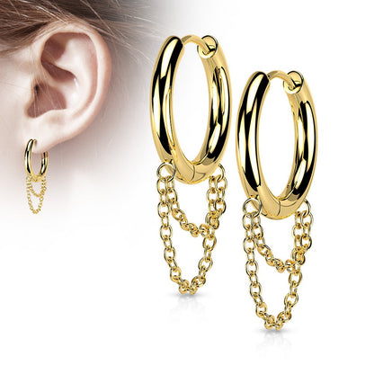 Dangling Double Chains Hinged Hoop Earrings - 316L Stainless Steel