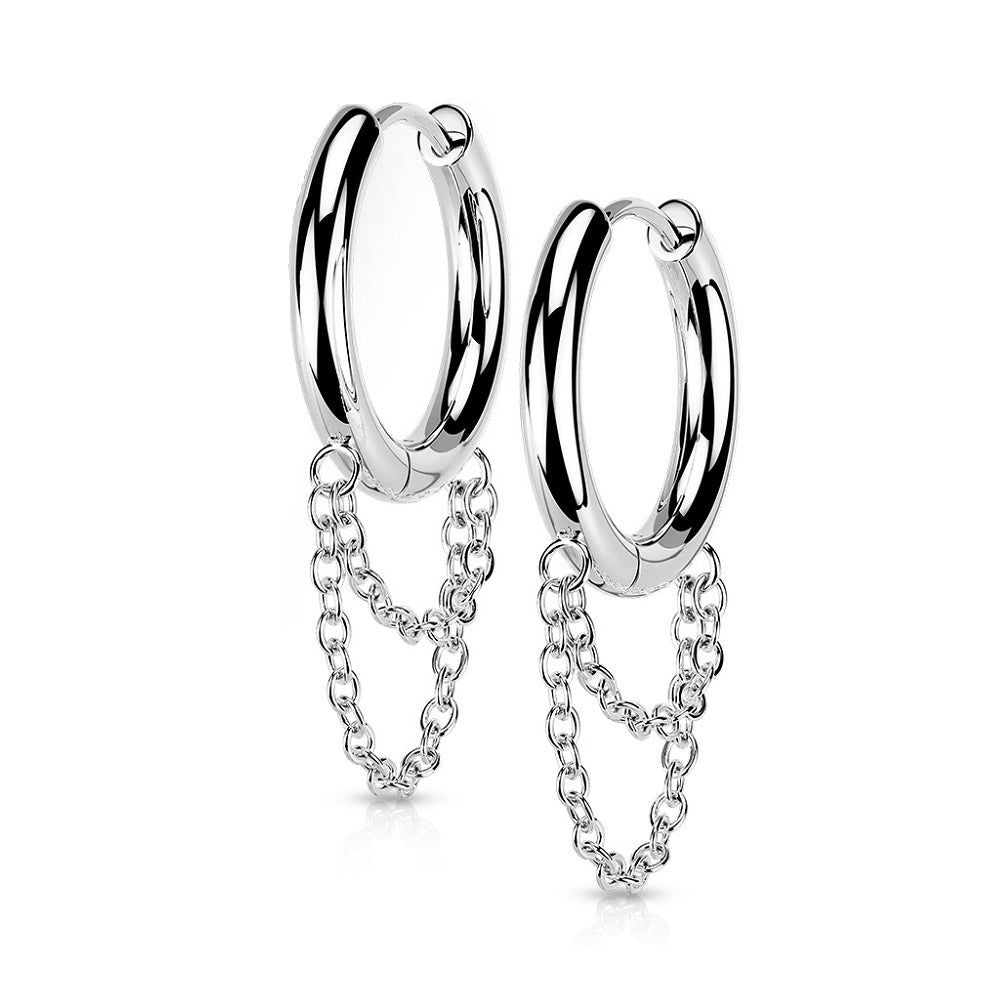 Dangling Double Chains Hinged Hoop Earrings - 316L Stainless Steel