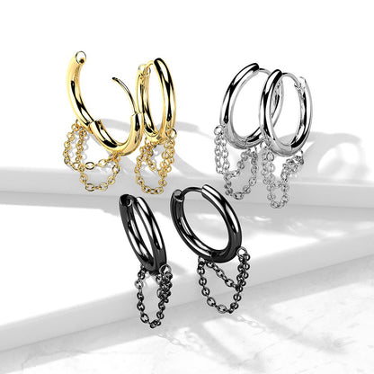 Dangling Double Chains Hinged Hoop Earrings - 316L Stainless Steel