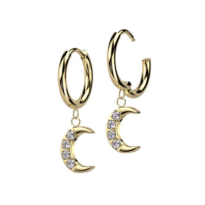 CZ Crystal Crescent Moon Hinged Hoop Dangling Earrings - 316L Stainless Steel