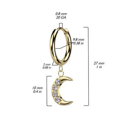 CZ Crystal Crescent Moon Hinged Hoop Dangling Earrings - 316L Stainless Steel