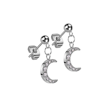 CZ Crystal Crescent Moon Ball Stud Dangling Earrings - 316L Stainless Steel