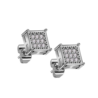 CZ Crystal Paved Square Shaped Stud Earrings - 316L Stainless Steel