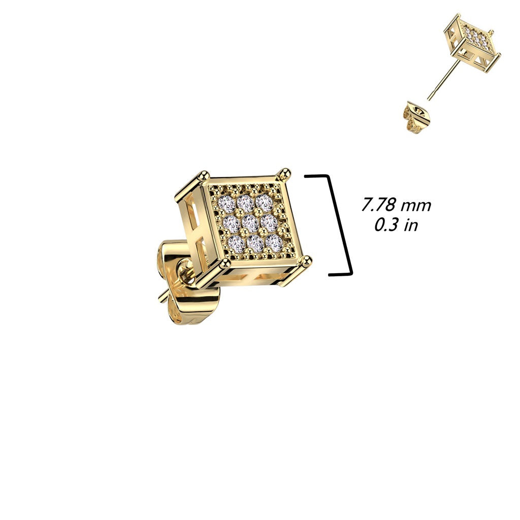 CZ Crystal Paved Square Shaped Stud Earrings - 316L Stainless Steel