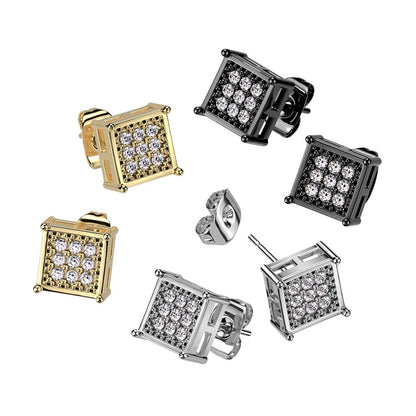 CZ Crystal Paved Square Shaped Stud Earrings - 316L Stainless Steel