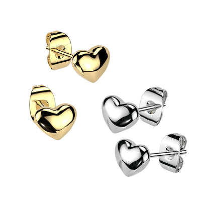 3D Heart Stud Earrings - Pair - 316L Stainless Steel