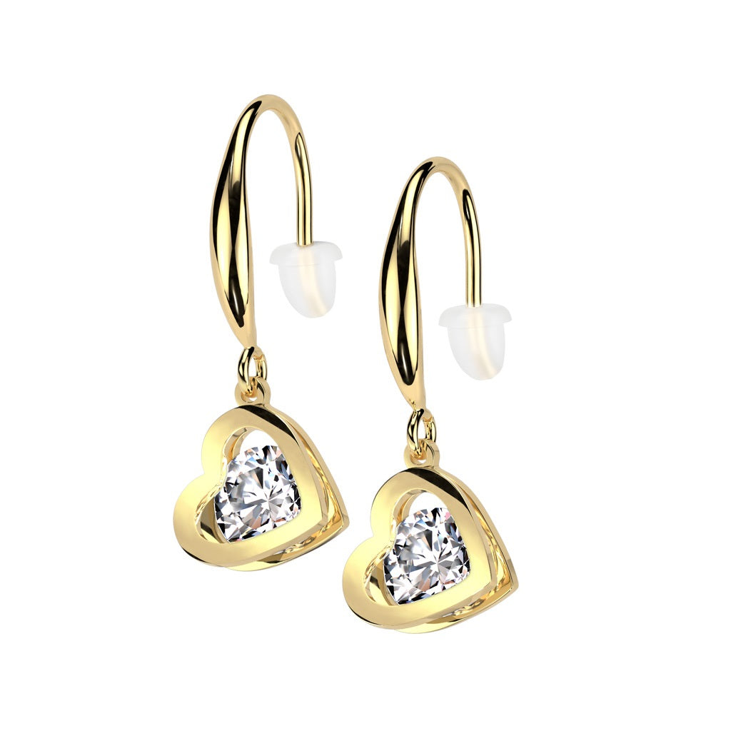 CZ Crystal Hollow Heart Shaped Dangling Earrings - Pair - 316L Stainless Steel