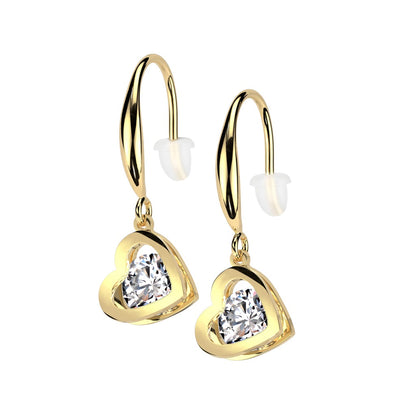 CZ Crystal Hollow Heart Shaped Dangling Earrings - Pair - 316L Stainless Steel