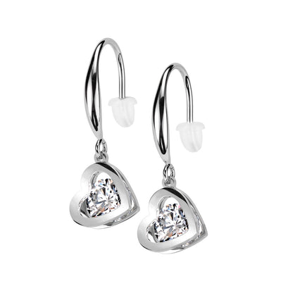 CZ Crystal Hollow Heart Shaped Dangling Earrings - Pair - 316L Stainless Steel