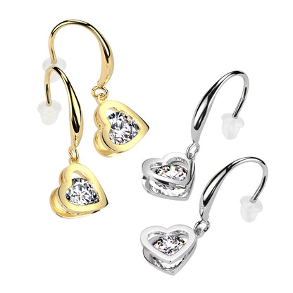 CZ Crystal Hollow Heart Shaped Dangling Earrings - Pair - 316L Stainless Steel