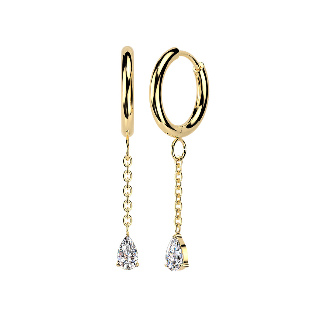 Teardrop CZ Crystal Dangling Hinged Hoop Earrings - Pair - 316L Stainless Steel
