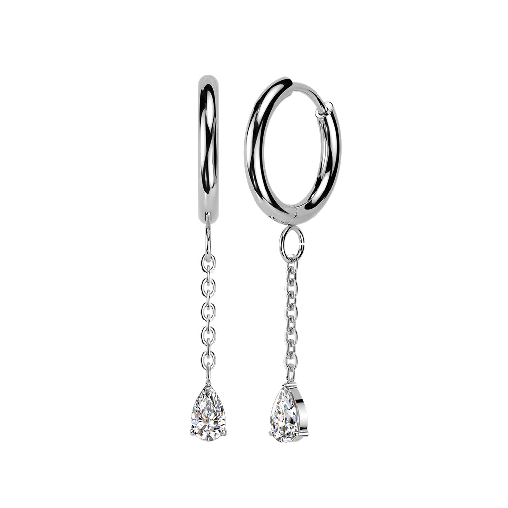 Teardrop CZ Crystal Dangling Hinged Hoop Earrings - Pair - 316L Stainless Steel