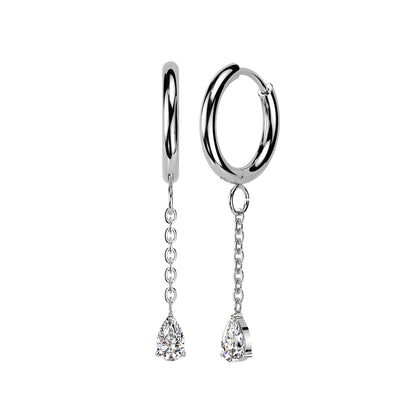 Teardrop CZ Crystal Dangling Hinged Hoop Earrings - Pair - 316L Stainless Steel