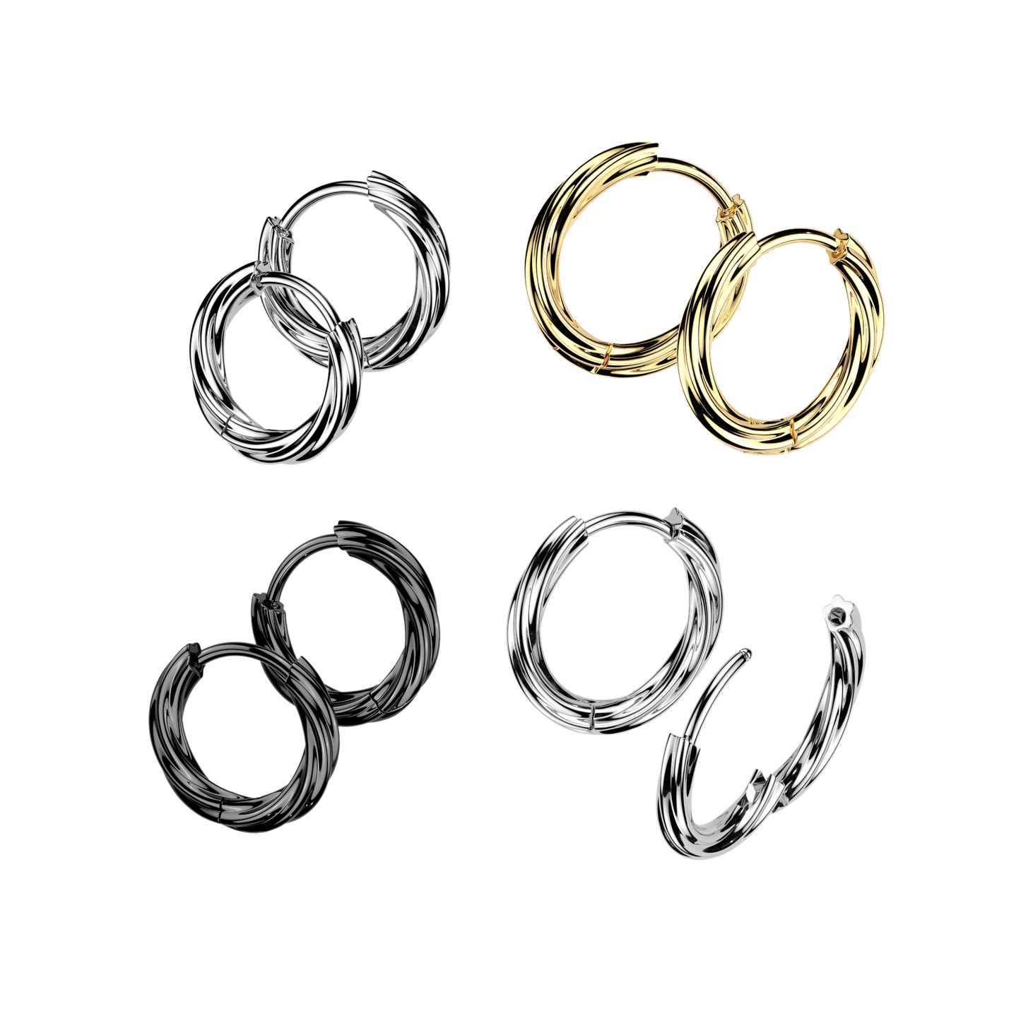 Twisted Hinged Huggie Hoop Earrings - Pair - 316L Stainless Steel