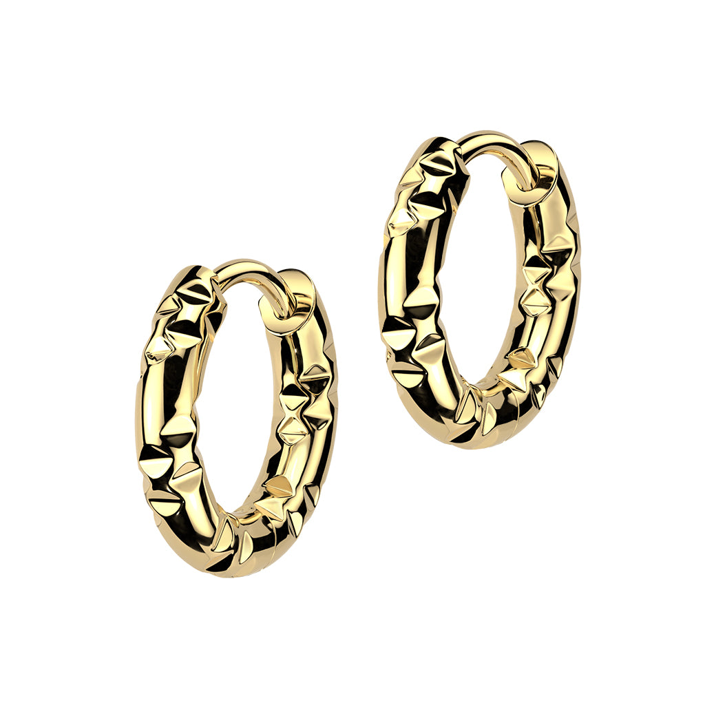 Faceted Hammered Hinged Huggie Hoop Earrings - Pair - 316L Stainless Steel